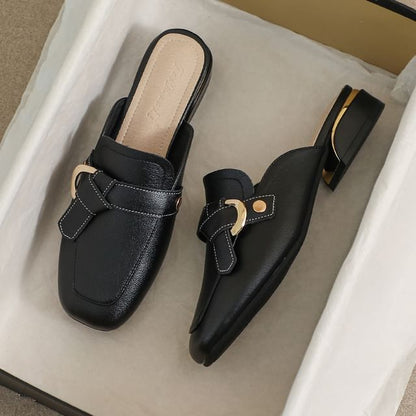 Square Toe Buckled Chunky Heel Loafer Mules