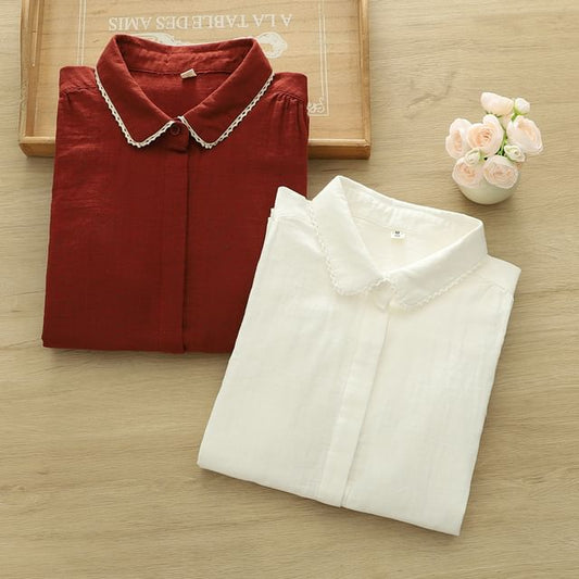 Short-Sleeve Lace Trim Plain Shirt