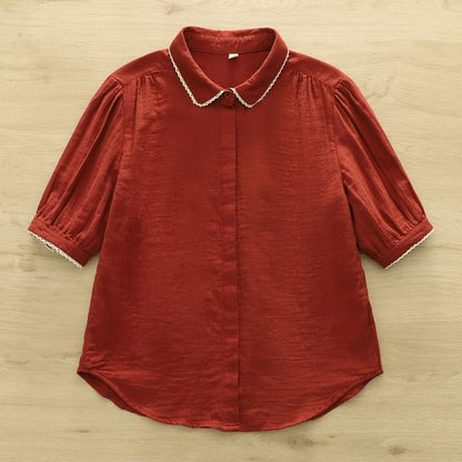 Short-Sleeve Lace Trim Plain Shirt