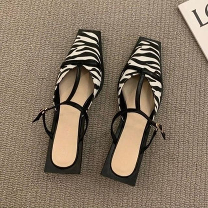 Square Toe T-Strap Chunky Heel Mules
