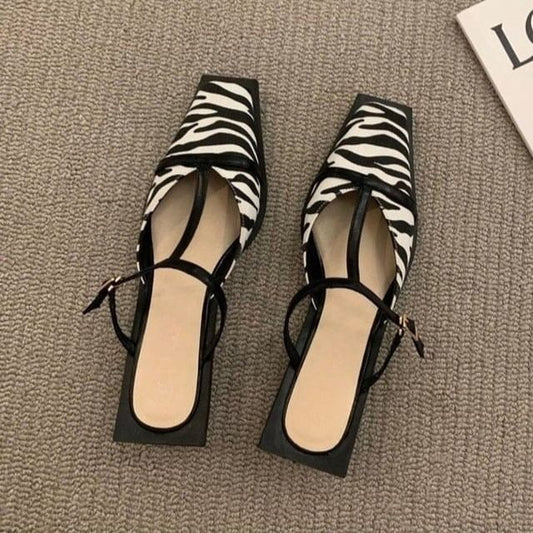 Square Toe T-Strap Chunky Heel Mules