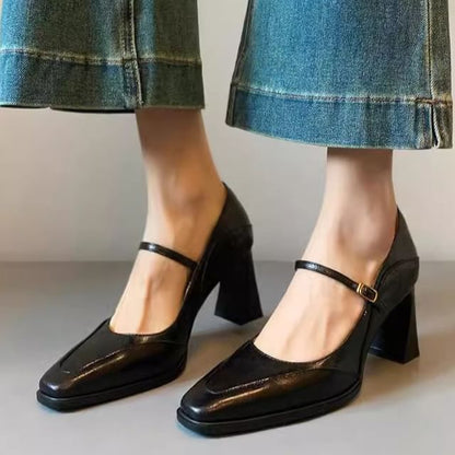 Faux Leather Chunky Heel Mary Jane Shoes