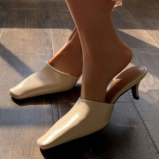Toe Mules Square Faux Kitten Heel Leather
