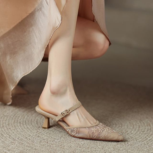 Pointed Kitten Heel Floral Mesh Toe Mules