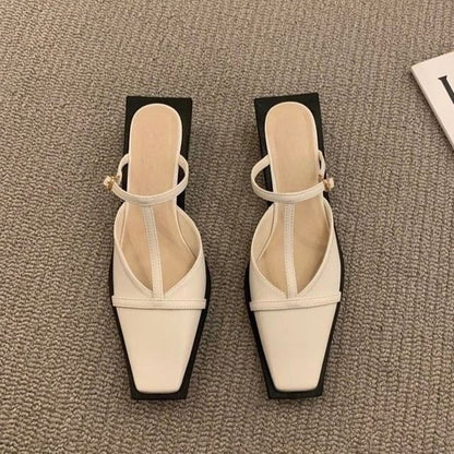 Square Toe T-Strap Chunky Heel Mules