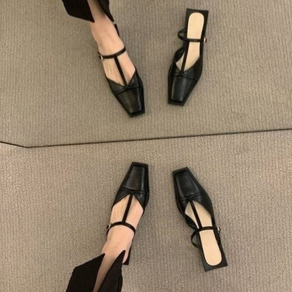 Square Toe T-Strap Chunky Heel Mules