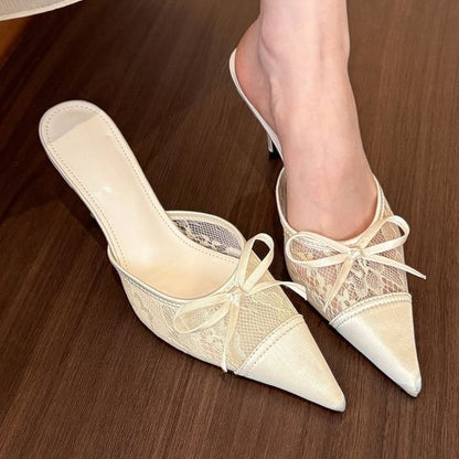 Pointed Toe Bow Lace Panel Stiletto Heel Mules