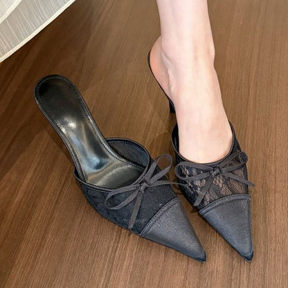 Pointed Toe Bow Lace Panel Stiletto Heel Mules