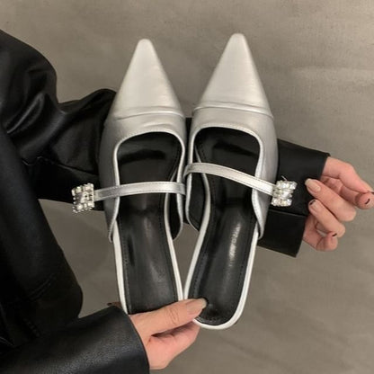 Pointed Toe Buckled Chunky Heel Mules