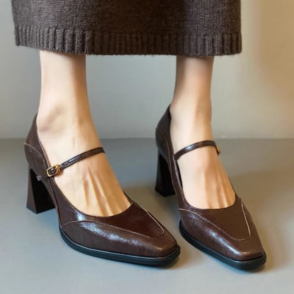 Faux Leather Chunky Heel Mary Jane Shoes