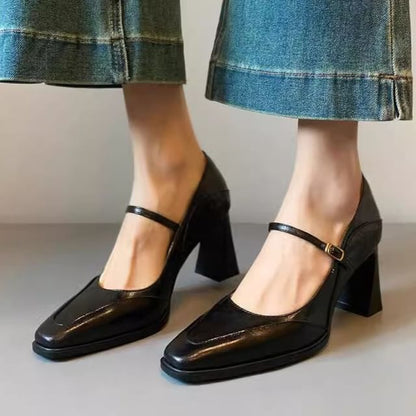 Faux Leather Chunky Heel Mary Jane Shoes