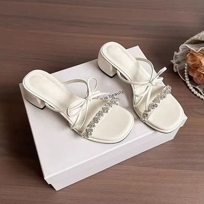 Bow Chunky Sandals Slide Heel Rhinestone
