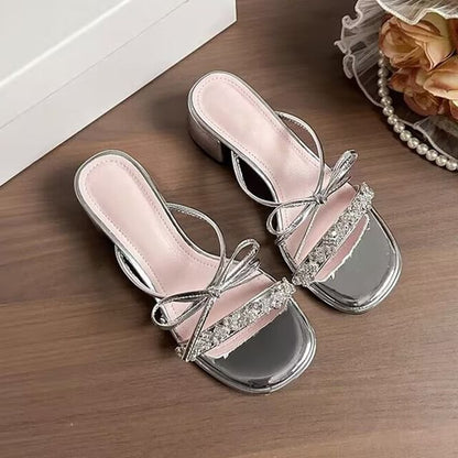 Bow Chunky Sandals Slide Heel Rhinestone