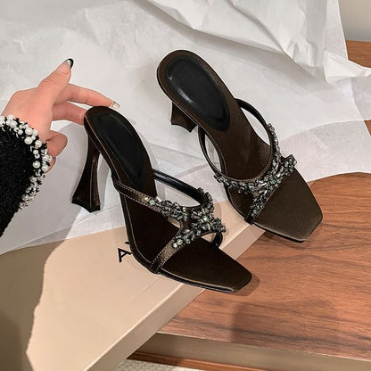 Criss Cross Rhinestone High Heel Slide Sandals
