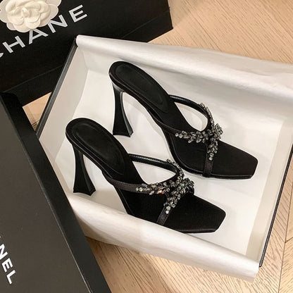 Criss Cross Rhinestone High Heel Slide Sandals