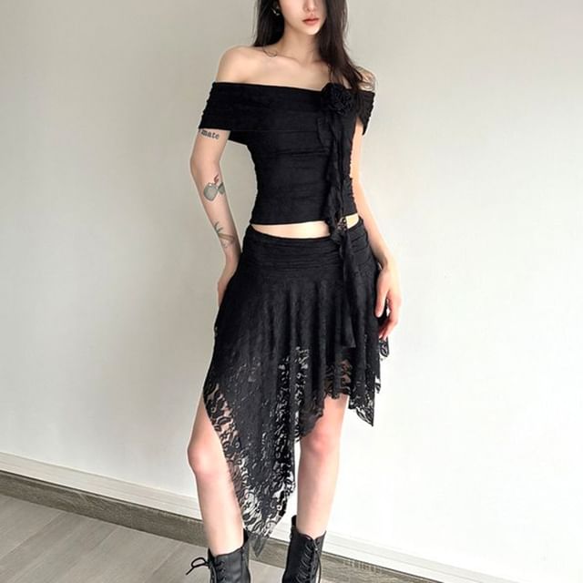 Off Shoulder Lace See-Through Crop Top with Low Waist Asymmetric Hem Mini Skirt