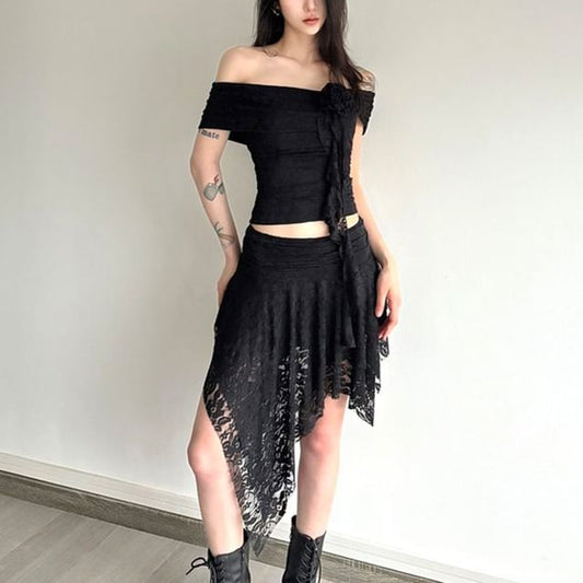 Off Shoulder Lace See-Through Crop Top with Low Waist Asymmetric Hem Mini Skirt