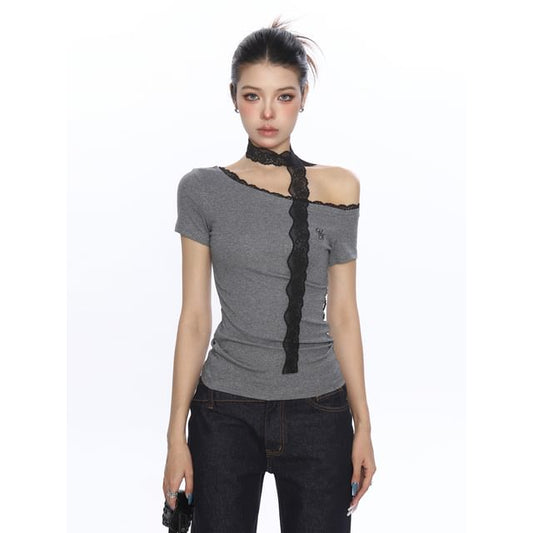 Short-Sleeve Lace Trim Asymmetrical Top