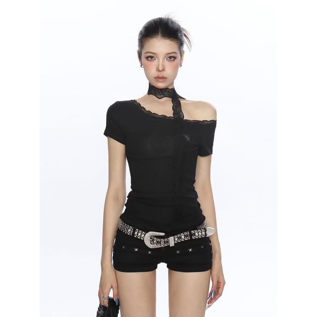 Short-Sleeve Lace Trim Asymmetrical Top