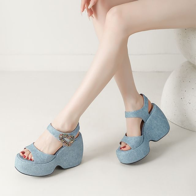 Platform Wedge Rhinestone Accent Denim Sandals
