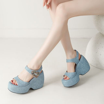 Platform Wedge Rhinestone Accent Denim Sandals