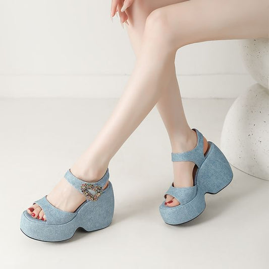 Platform Wedge Rhinestone Accent Denim Sandals