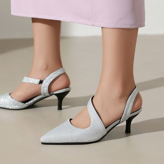 Kitten Heel Pointed Toe Glitter Slingback Sandals