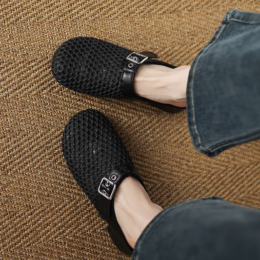 Low Heel Plain Buckled Mesh Mules