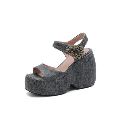 Platform Wedge Rhinestone Accent Denim Sandals