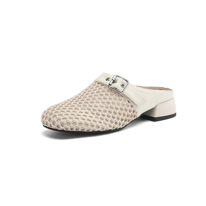 Low Heel Plain Buckled Mesh Mules