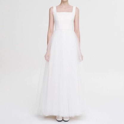Wide Strap A-Line Mesh Wedding Gown