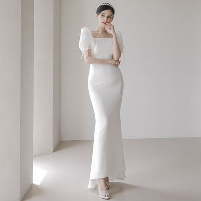 Puff-Sleeve Square-Neck Mermaid Wedding Gown