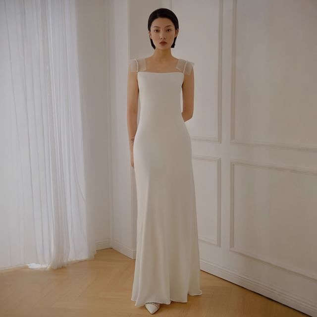 Mesh Strap Faux Pearl Mermaid Wedding Gown