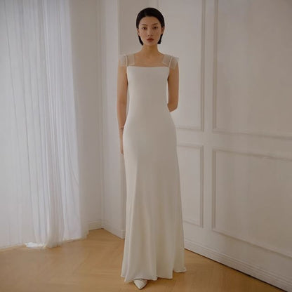 Mesh Strap Faux Pearl Mermaid Wedding Gown