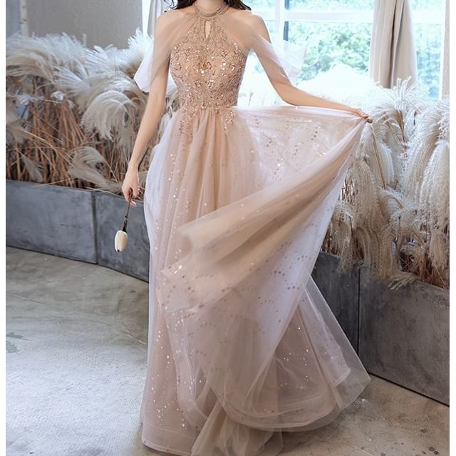 Cold-Shoulder Sequined Keyhole A-Line Evening Gown (Various Designs)