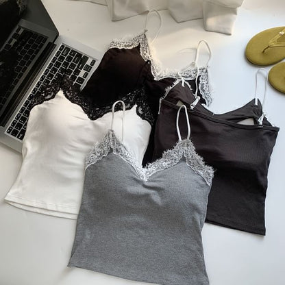 V-Neck Lace-Trim Camisole with Spaghetti Straps
