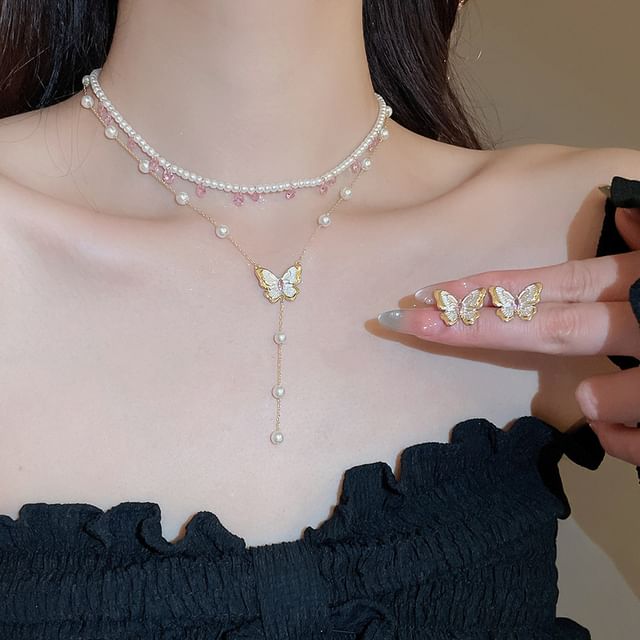 Faux Pearl Butterfly Layered Necklace / Butterfly Stud Earring