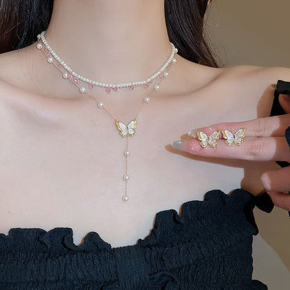 Faux Pearl Butterfly Layered Necklace / Butterfly Stud Earring