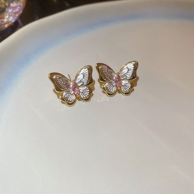 Faux Pearl Butterfly Layered Necklace / Butterfly Stud Earring