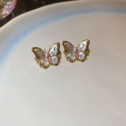 Faux Pearl Butterfly Layered Necklace / Butterfly Stud Earring