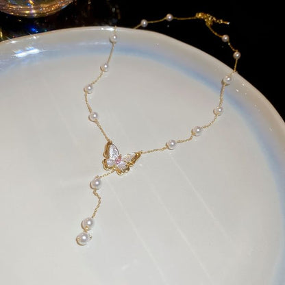 Faux Pearl Butterfly Layered Necklace / Butterfly Stud Earring