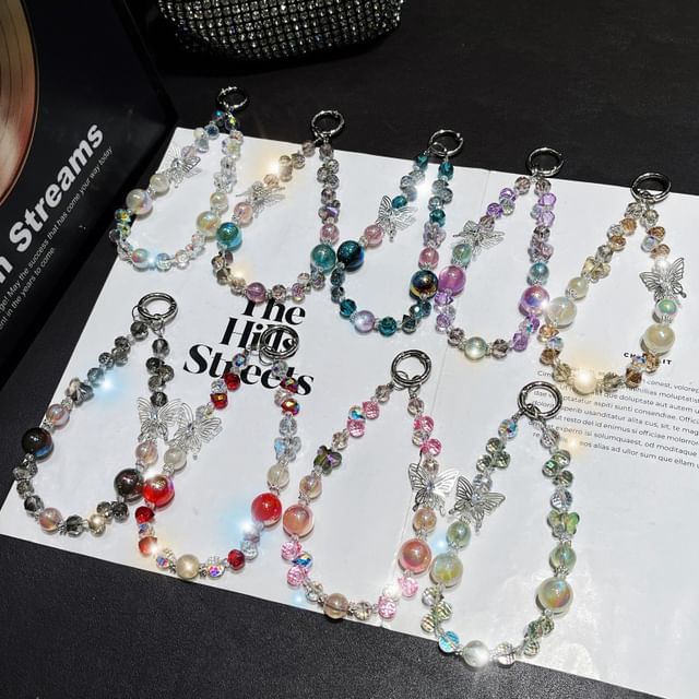 Phone Beaded Strap Faux Crystal Butterfly Wrist