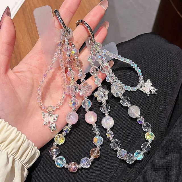 Faux Lanyard Beaded Crystal with Strap Butterfly Pad Wrist Phone