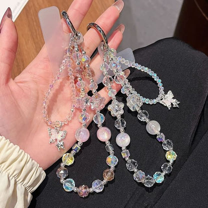 Faux Lanyard Beaded Crystal with Strap Butterfly Pad Wrist Phone
