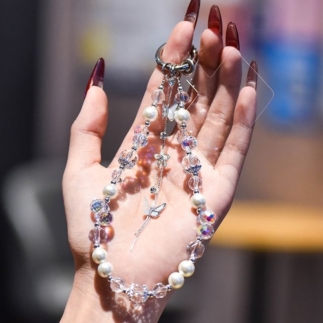 Pad Phone with Pearl Lanyard Butterfly Faux Strap Wrist