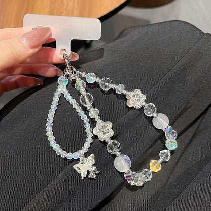 Faux Lanyard Beaded Crystal with Strap Butterfly Pad Wrist Phone