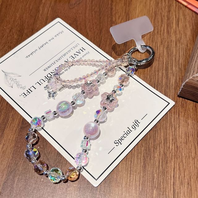 Faux Lanyard Beaded Crystal with Strap Butterfly Pad Wrist Phone