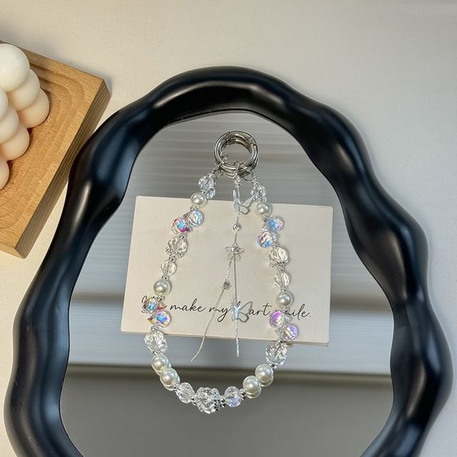 Pad Phone with Pearl Lanyard Butterfly Faux Strap Wrist