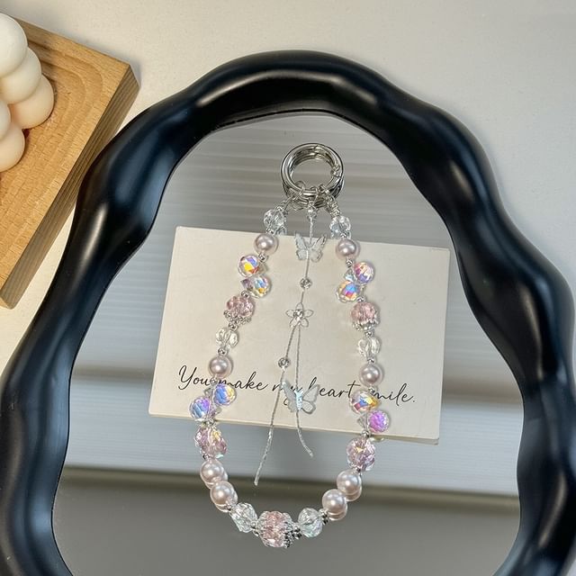 Pad Phone with Pearl Lanyard Butterfly Faux Strap Wrist