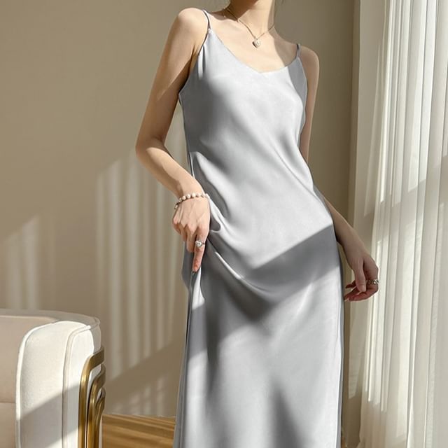 Spaghetti Strap V-Neck Plain Satin Midi A-Line Dress